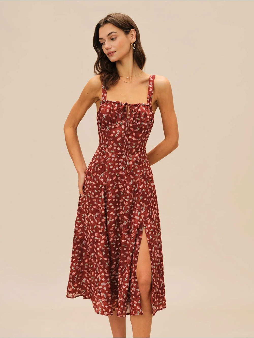 Rihoas Wine Red Floral Slip Midi Dress - Picture 3 of 9